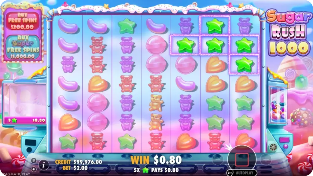 Cluster Pays en Tumble functie in Sugar Rush 1000 met vallende snoepsymbolen