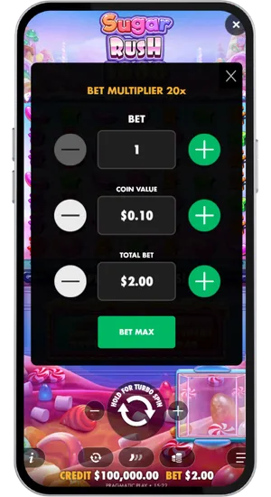 Sugar Rush 1000 inzet instellen tussen €0,20 en €240