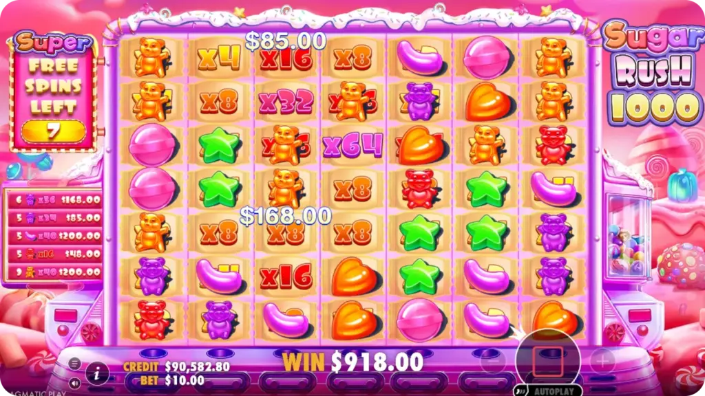 Multiplier Spots functie in Sugar Rush 1000 max win met oplopende vermenigvuldigers tot 1.024x